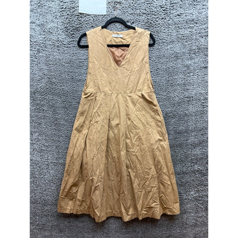 Samansa Mos2 Blue Pleated V-Neck Jumper Skirt Midi Dress Tan Womens Size L